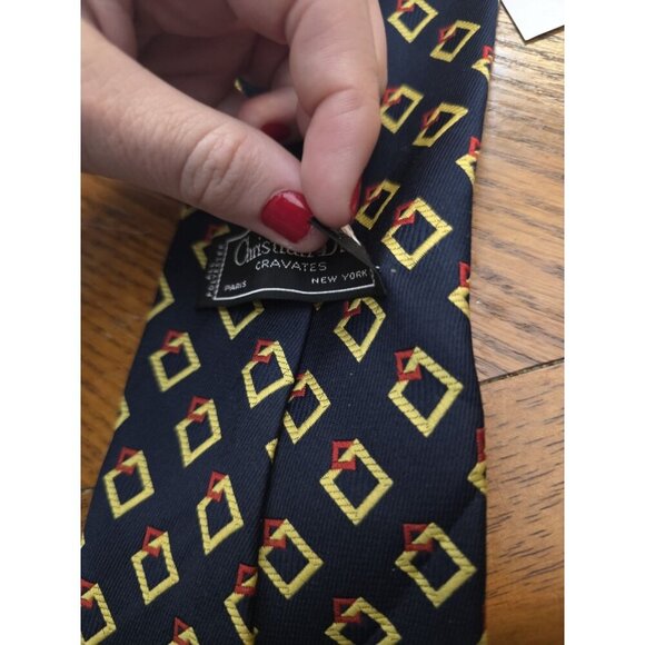 Christian Dior Mens Neck Ties (2) Cravates Polyester Geometric Navy Blue 56" - Picture 5 of 8